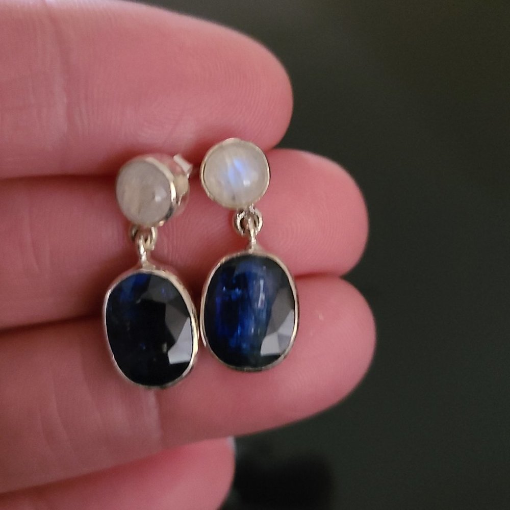 Kyanite and Moonstone Gemstone Dangle Earrings Sterling Silver - Picture 2 of 8